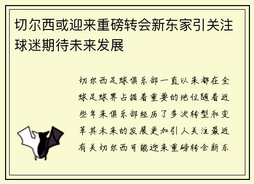 切尔西或迎来重磅转会新东家引关注球迷期待未来发展