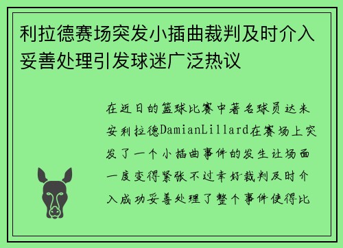 利拉德赛场突发小插曲裁判及时介入妥善处理引发球迷广泛热议
